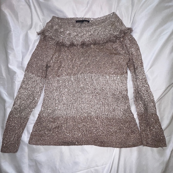 White House Black Market Sequin Sweater Boat-Neck Fringe Mink/Metallic Taupe W L - Picture 5 of 14